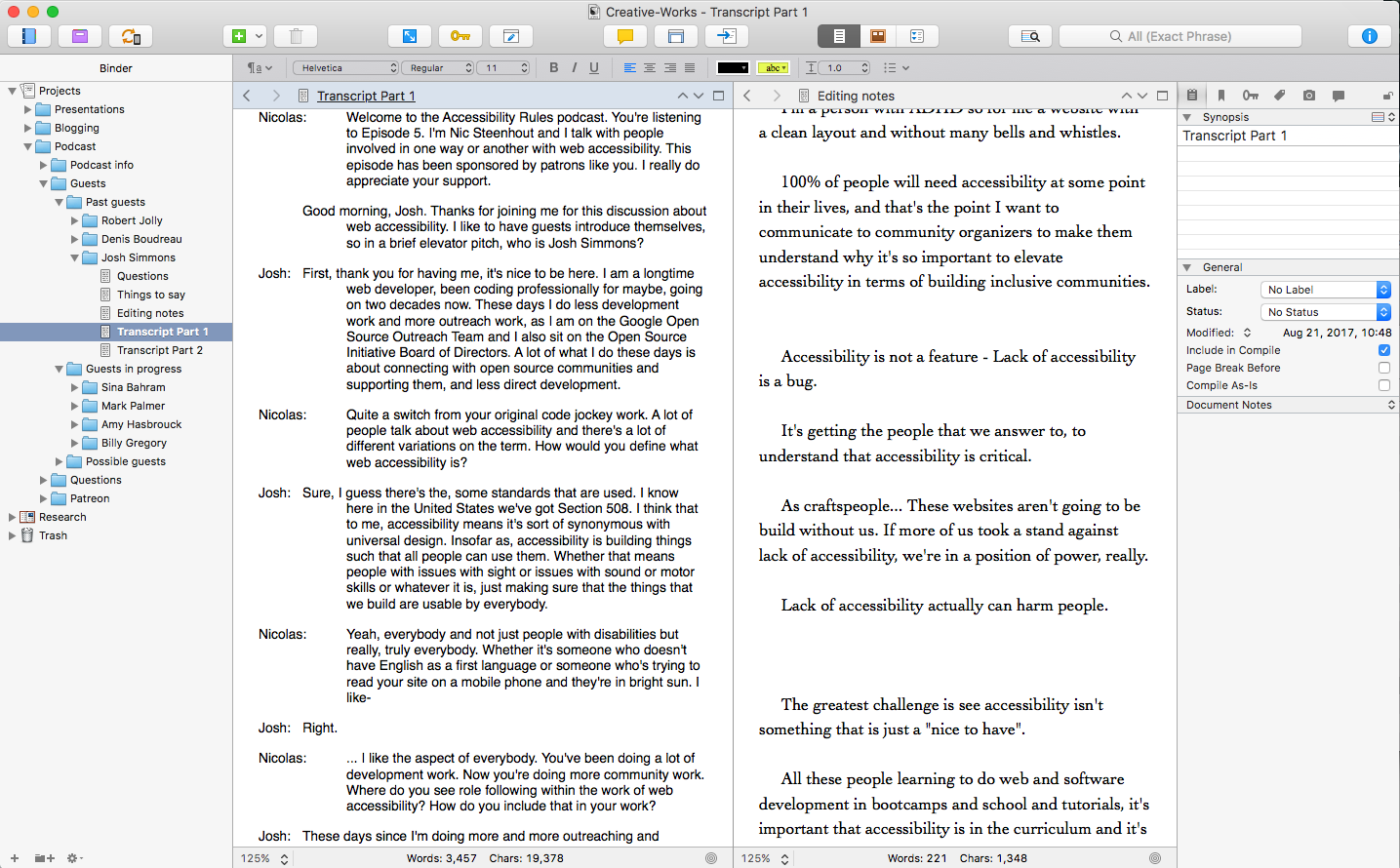 Screenshot of Scrivener writing app