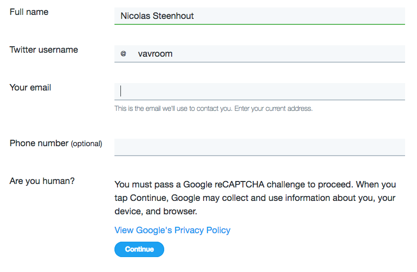 Screenshot of a form on Twitter site