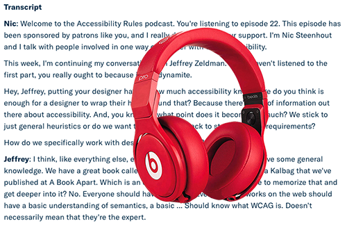 Red headphones over a screenshot of a podcast transcript