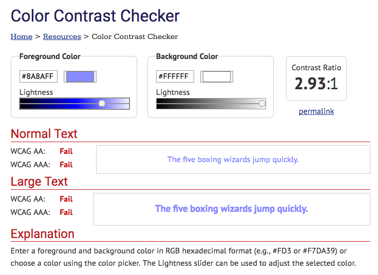 Screenshot of the webaim contrast checker interface